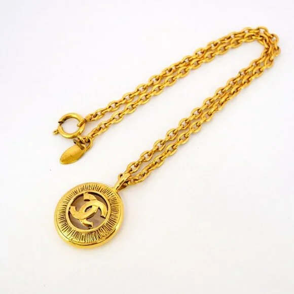 CHANEL Authentic Gold Logo Necklace